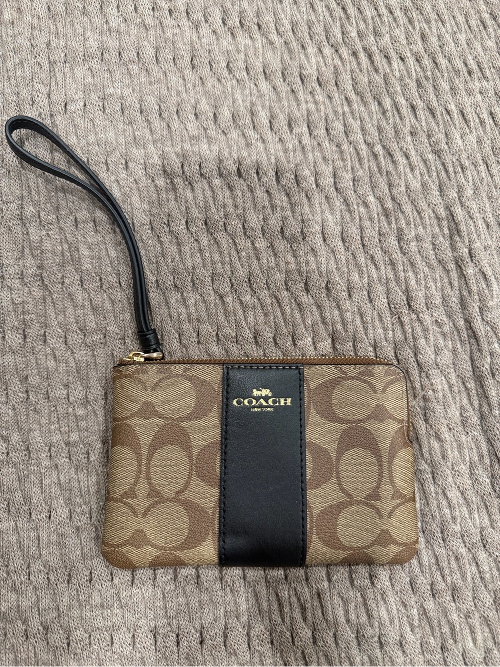 COACH Brown Signature Canvas Wristlet with Black Center Stripe